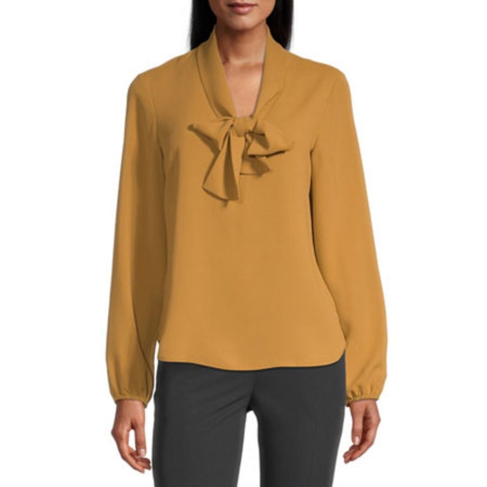 Black Label by Evan-Picone Womens Split Tie Neck Long Sleeve Blouse, Medium